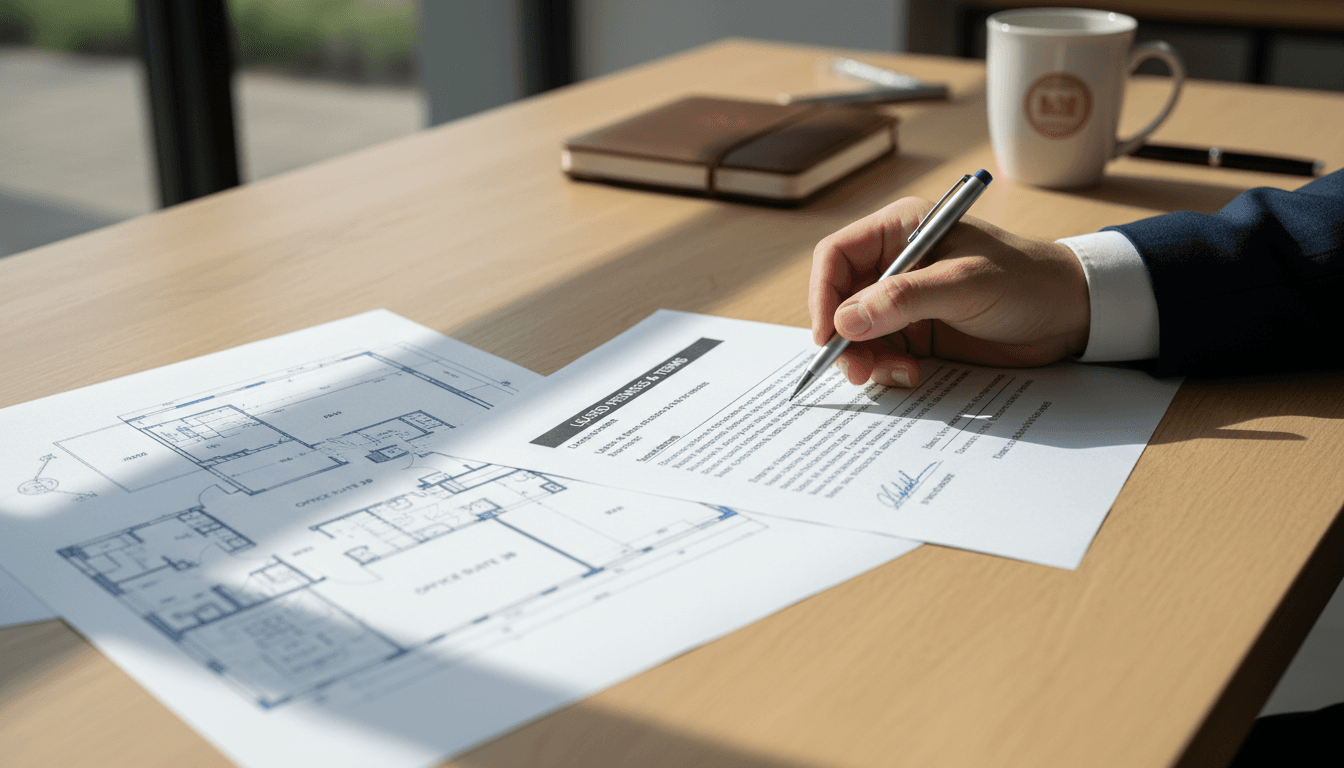 Commercieel vastgoed contract en plattegrond op een bureau