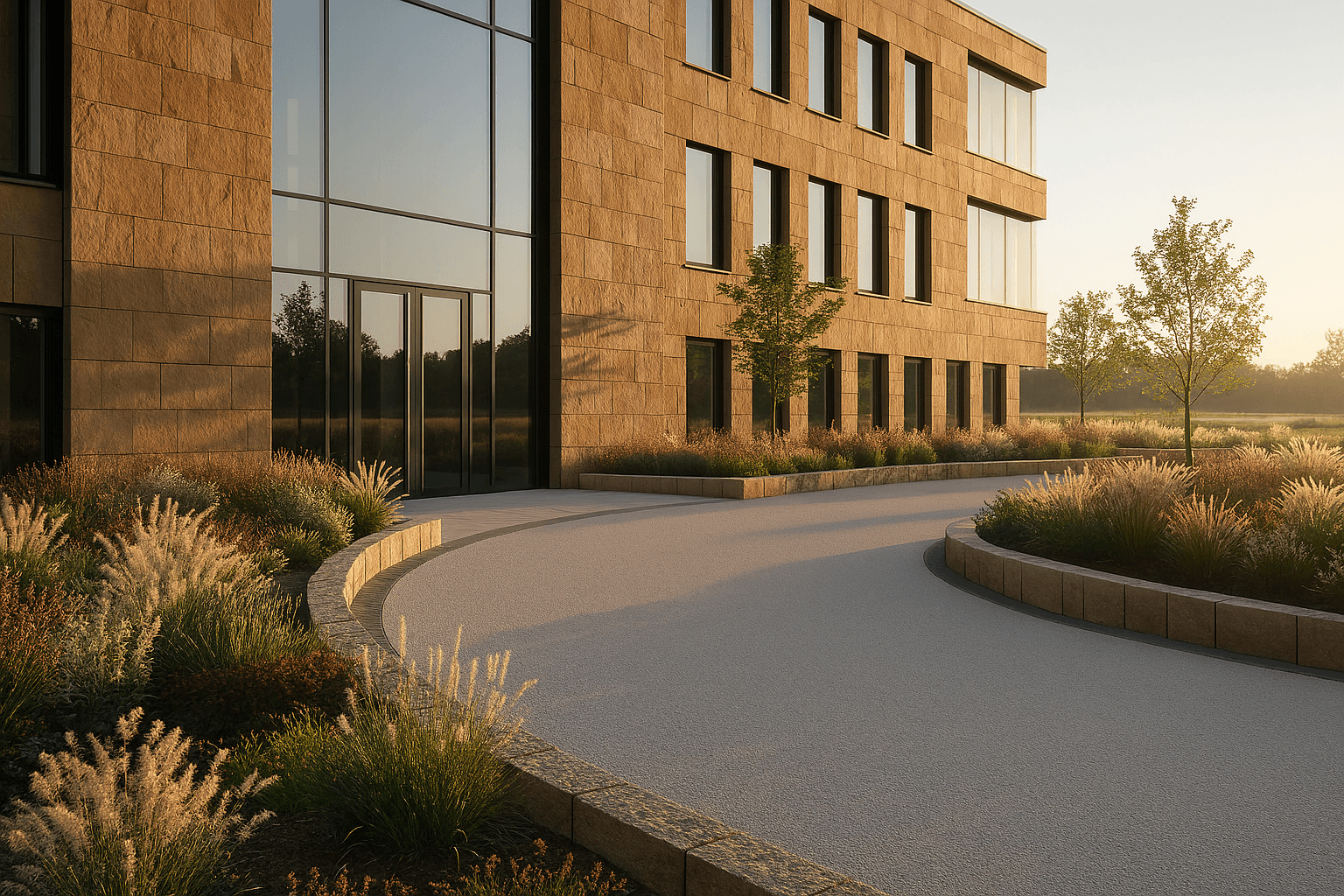 Modern gebouw met zandstenen gevel, glazen entree en een gebogen oprit omringd door siergrassen.