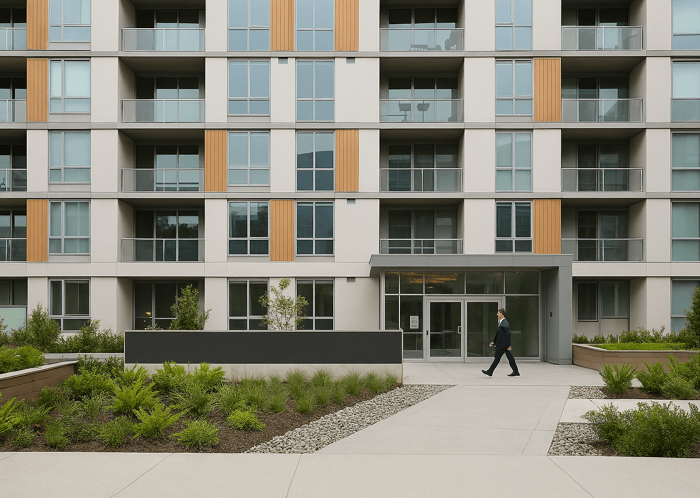 Een man loopt langs de ingang van een modern appartementengebouw met balkons en groene beplanting.
